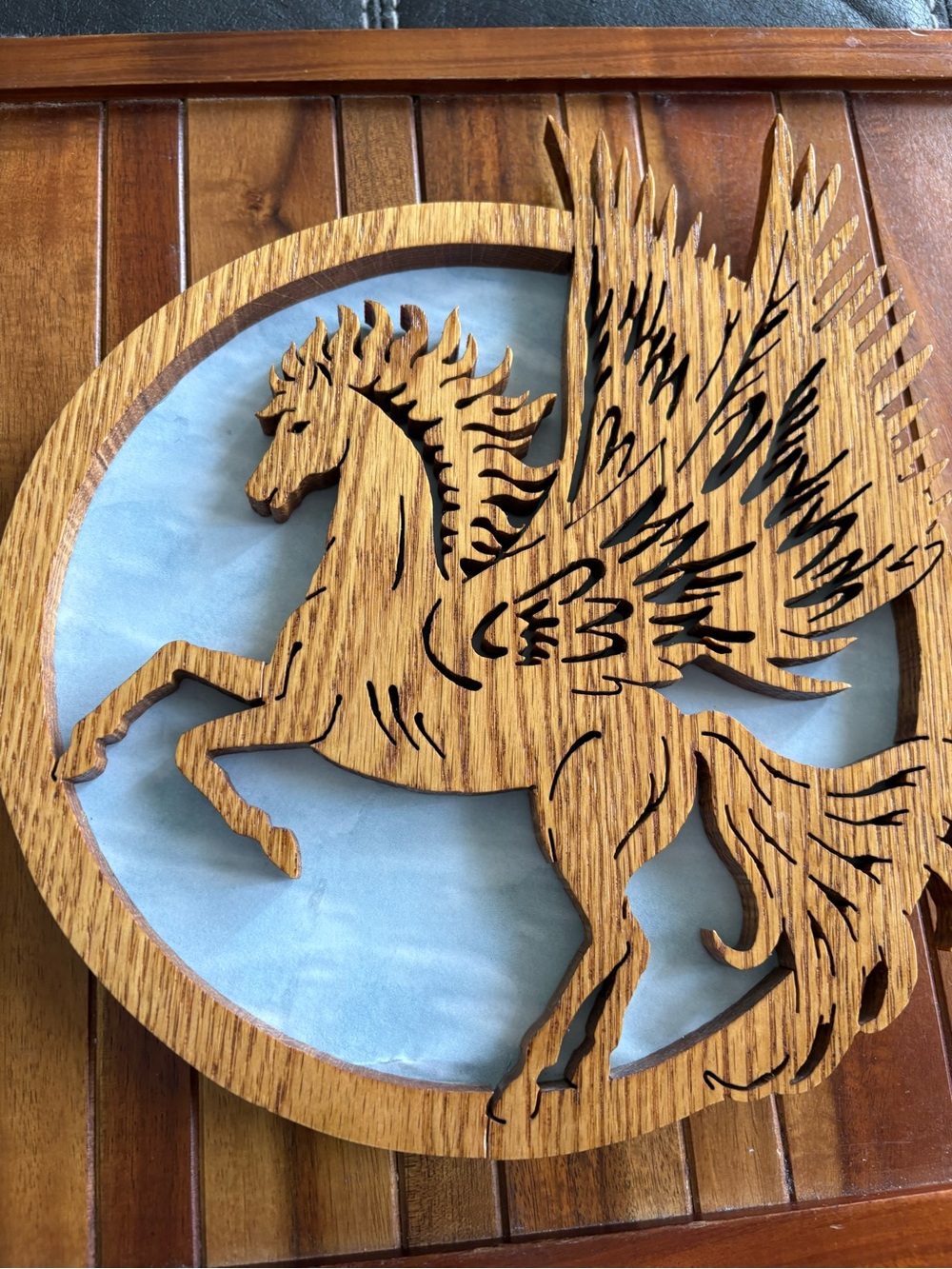 Handcrafted Wood Pegasus Winged Horse Scroll Saw Fretwork Wall Art Oak